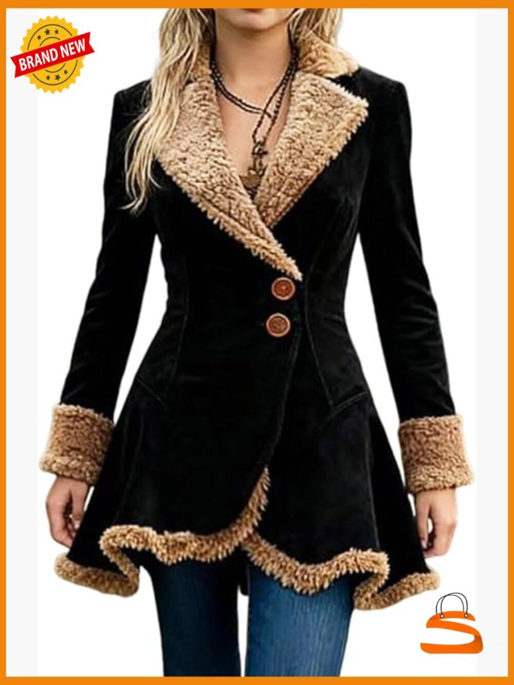 Slim-Fit Faux Leather Suede Jacket with Sherpa Lining, Notch Collar, Long